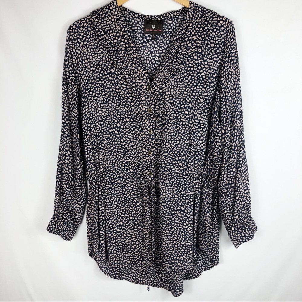 Heartloom Revolve Button Up Tie Waist Tunic Top | Brown Navy Tan | Size Large